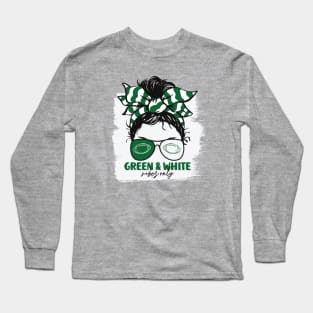 Green and White Vibes Only Football Mom Messy Hair Gameday Long Sleeve T-Shirt